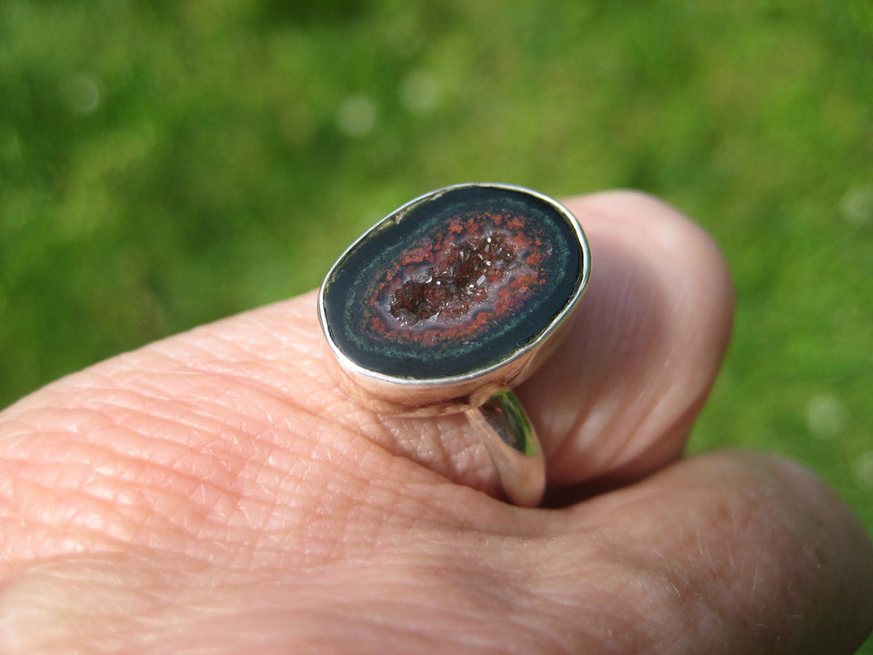 925 Silver Agate Geode Drusy Ring Taxco Mexico Size 7.5 Adjustable A7266