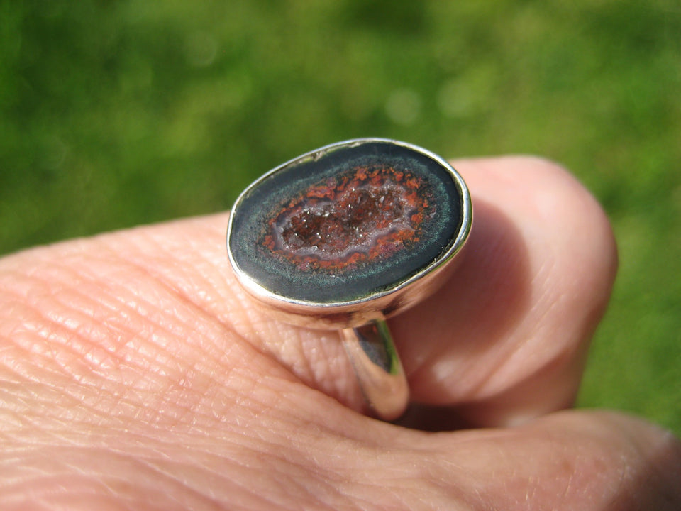 925 Silver Agate Geode Drusy Ring Taxco Mexico Size 7.5 Adjustable A7266