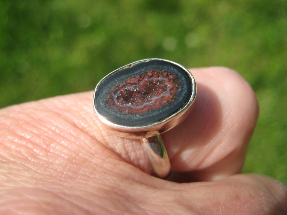 925 Silver Agate Geode Drusy Ring Taxco Mexico Size 7.5 Adjustable A7266