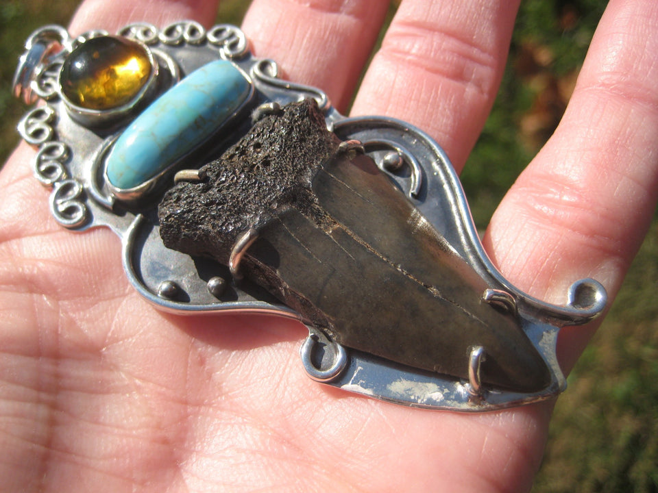 925 Silver Natural Megalodon Fossil Tooth Arizona Turquoise  Pendant Taxco A4476