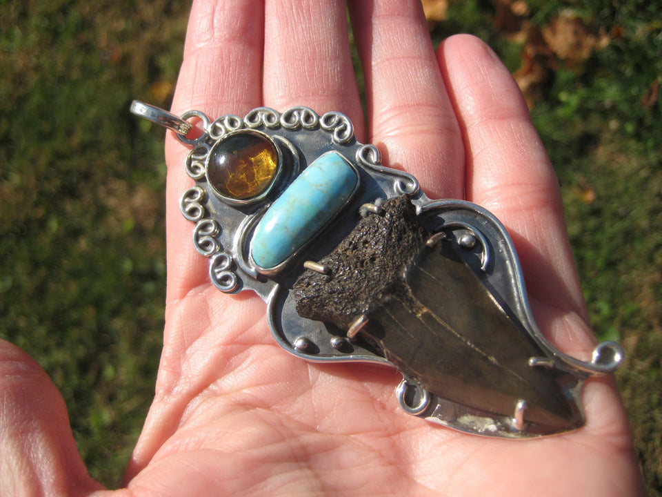 925 Silver Natural Megalodon Fossil Tooth Arizona Turquoise  Pendant Taxco A4476