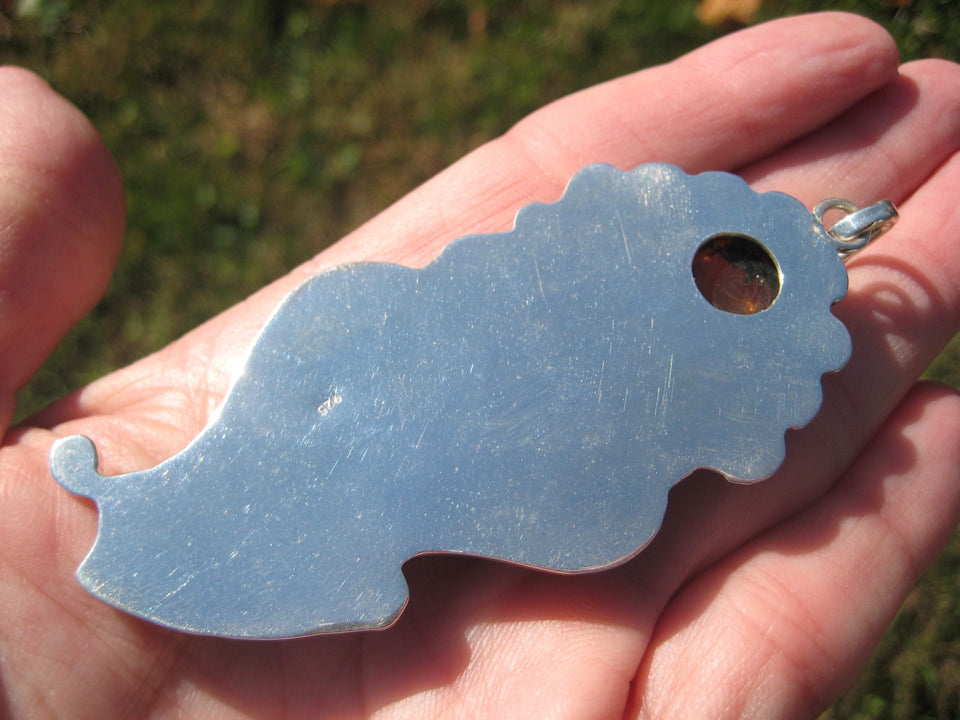 925 Silver Natural Megalodon Fossil Tooth Arizona Turquoise  Pendant Taxco A4476