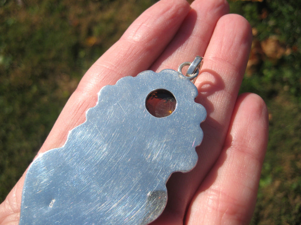 925 Silver Natural Megalodon Fossil Tooth Arizona Turquoise  Pendant Taxco A4476