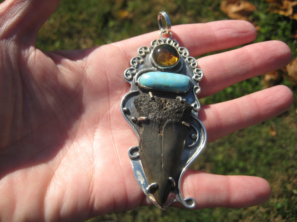 925 Silver Natural Megalodon Fossil Tooth Arizona Turquoise  Pendant Taxco A4476