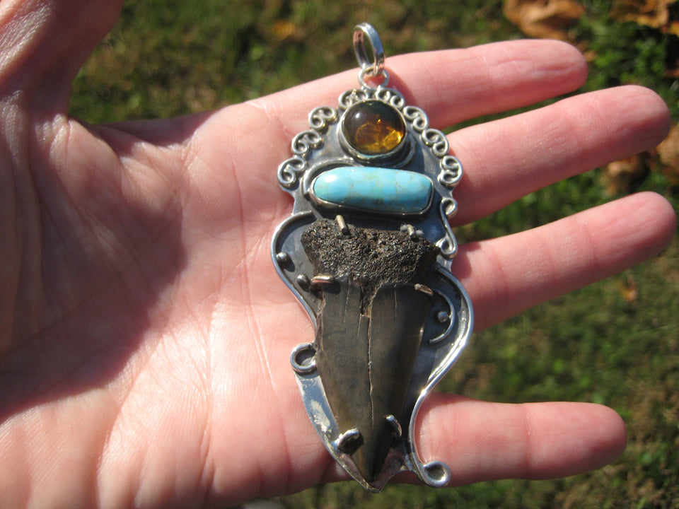 925 Silver Natural Megalodon Fossil Tooth Arizona Turquoise  Pendant Taxco A4476