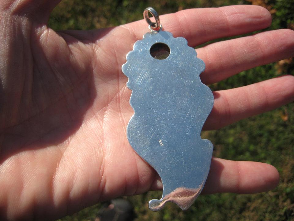 925 Silver Natural Megalodon Fossil Tooth Arizona Turquoise  Pendant Taxco A4476