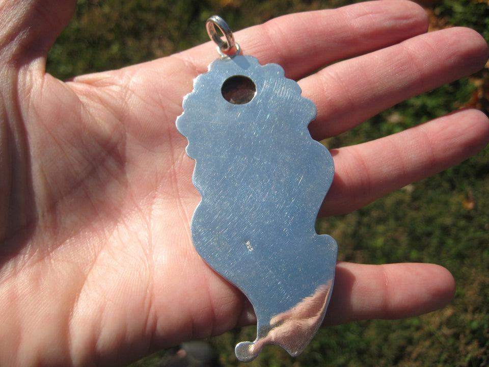 925 Silver Natural Megalodon Fossil Tooth Arizona Turquoise  Pendant Taxco A4476