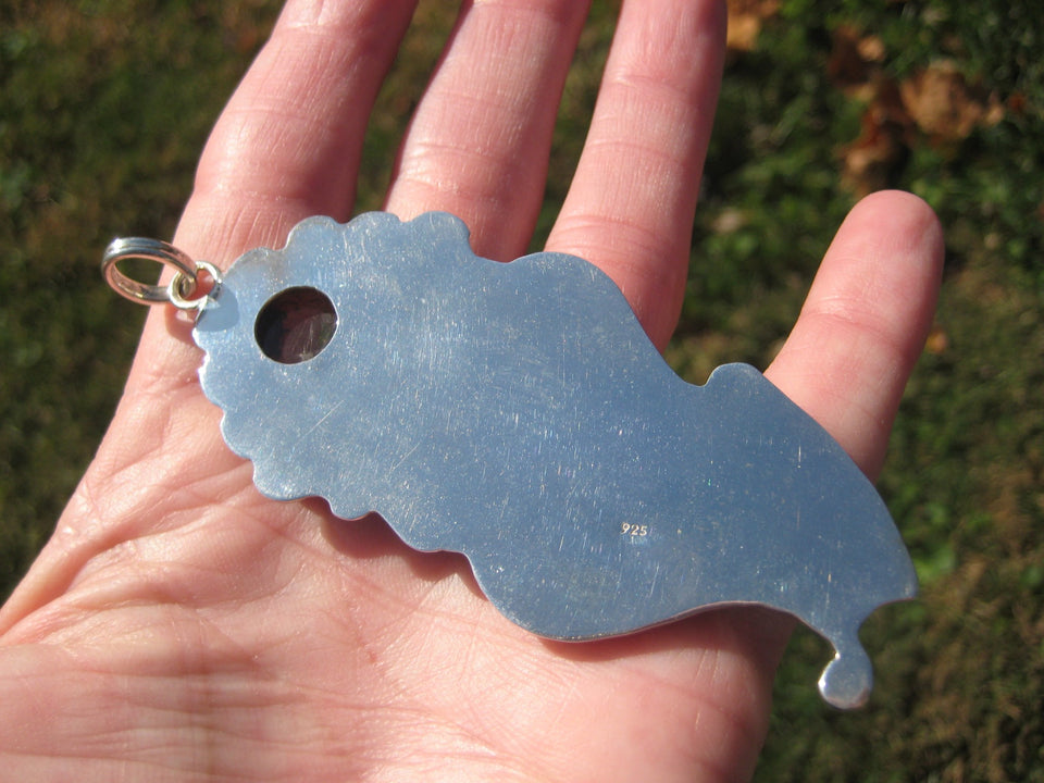 925 Silver Natural Megalodon Fossil Tooth Arizona Turquoise  Pendant Taxco A4476