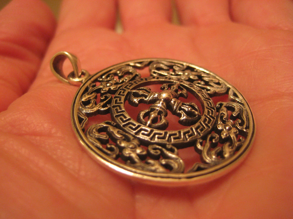 925 Silver Viswa Vajra Mandala Buddha Buddhist Pentagram Pendant Necklace A3744