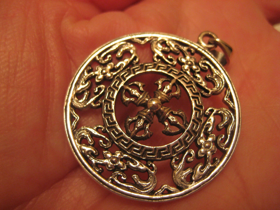925 Silver Viswa Vajra Mandala Buddha Buddhist Pentagram Pendant Necklace A3744