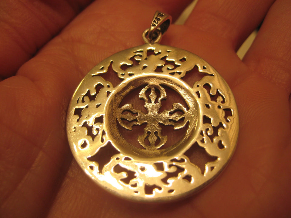 925 Silver Viswa Vajra Mandala Buddha Buddhist Pentagram Pendant Necklace A3744