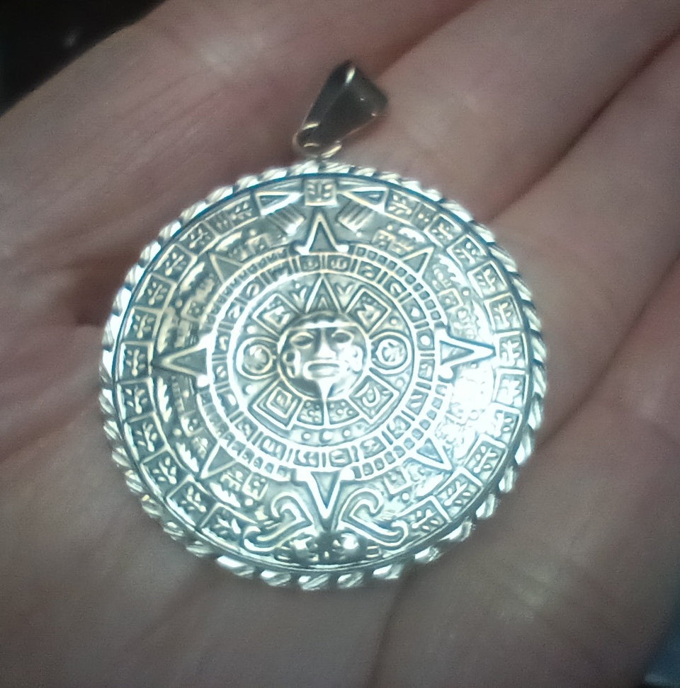 925 Silver Aztec Calendar Pendant Necklace Taxco Mexico f1051