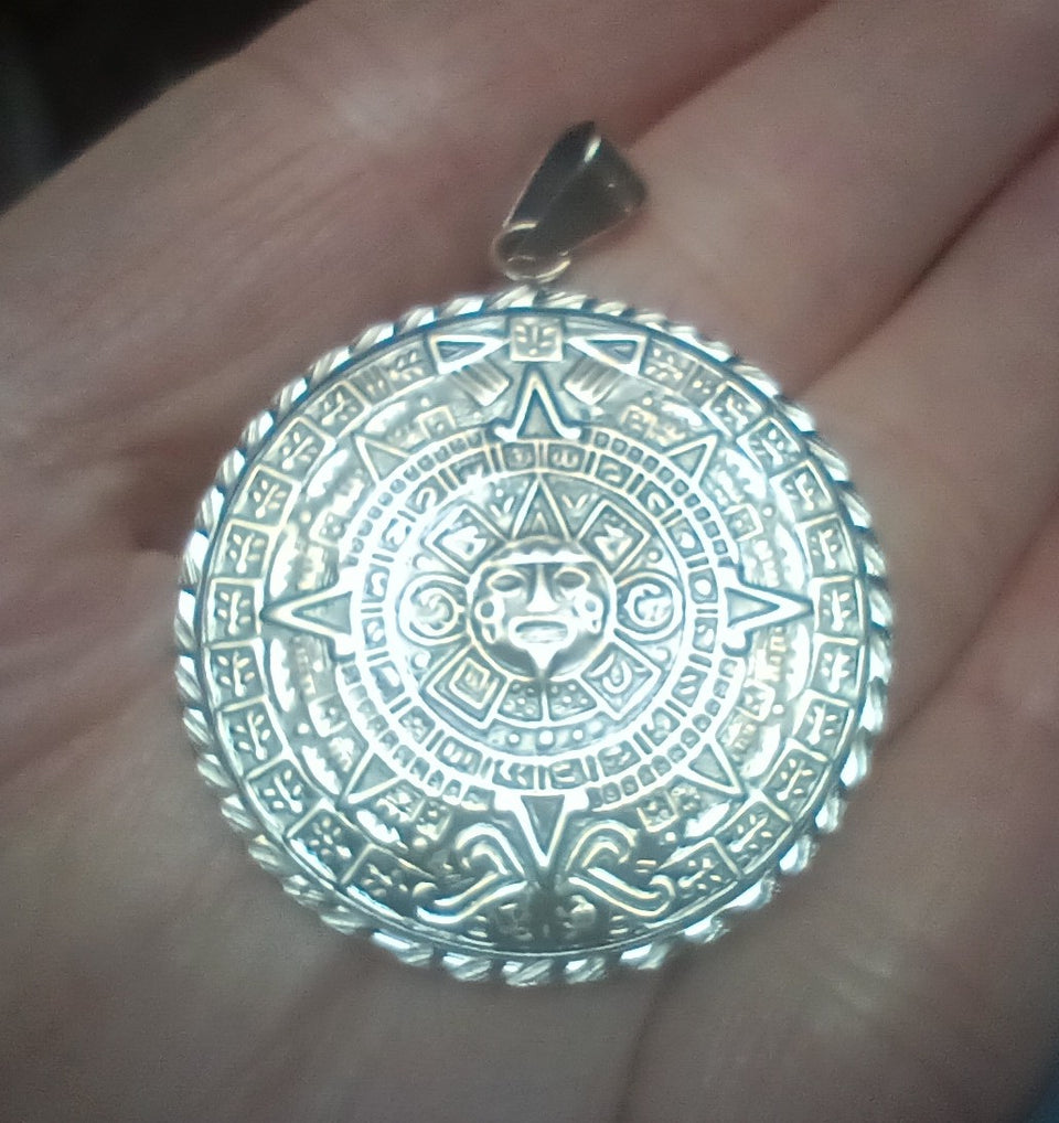 925 Silver Aztec Calendar Pendant Necklace Taxco Mexico f1051
