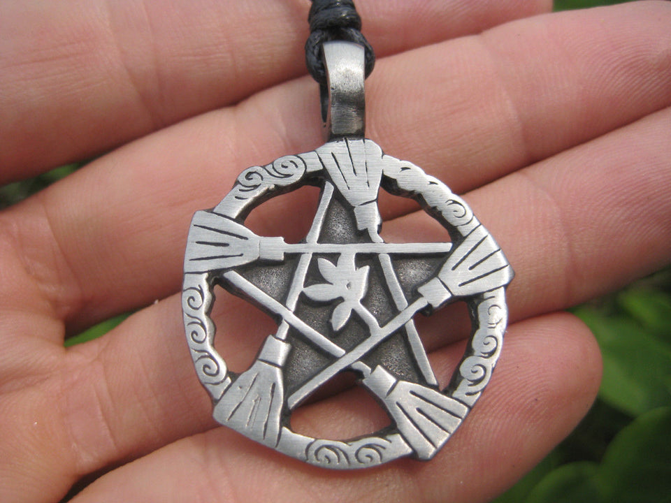 Metal Pewter Pentagram Pentacle Witch Broomstick Pendant Necklace