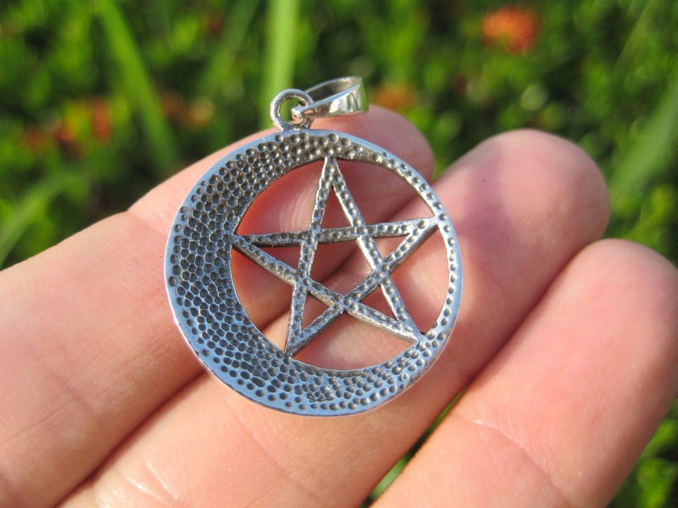 925 Sterling Silver Star and Moon Wicca Pentagram Pendant Necklace A35