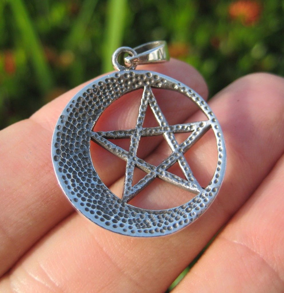 925 Sterling Silver Star and Moon Wicca Pentagram Pendant Necklace A35