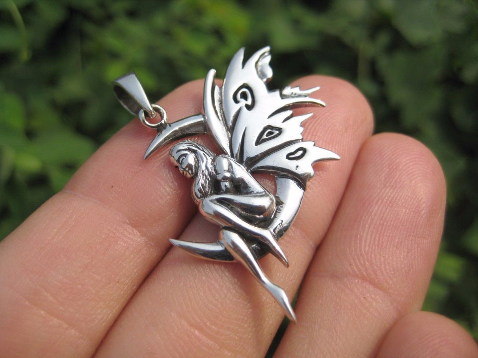 925 sterling silver fairy on moon pendant necklace A3