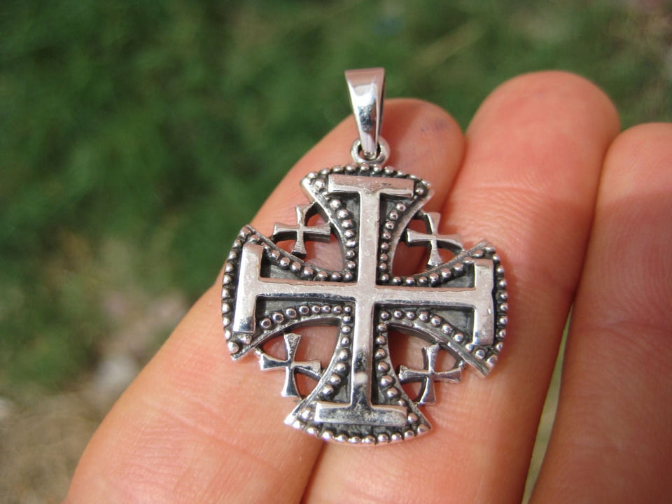925 Sterling Silver  Jerusalem Cross  Fivefold Cross Pendant Necklace A12