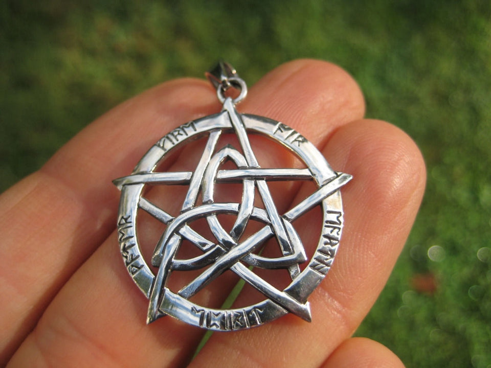 925 Sterling Silver Wicca Pentagram Pendant Necklace Wicca Magic A40