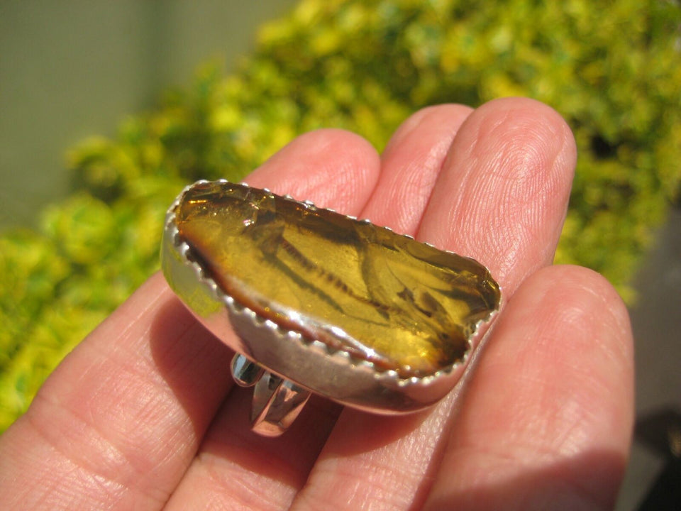 925 Silver Amber Ring Taxco Mexico Size 6 ( Adjustable ) A8566
