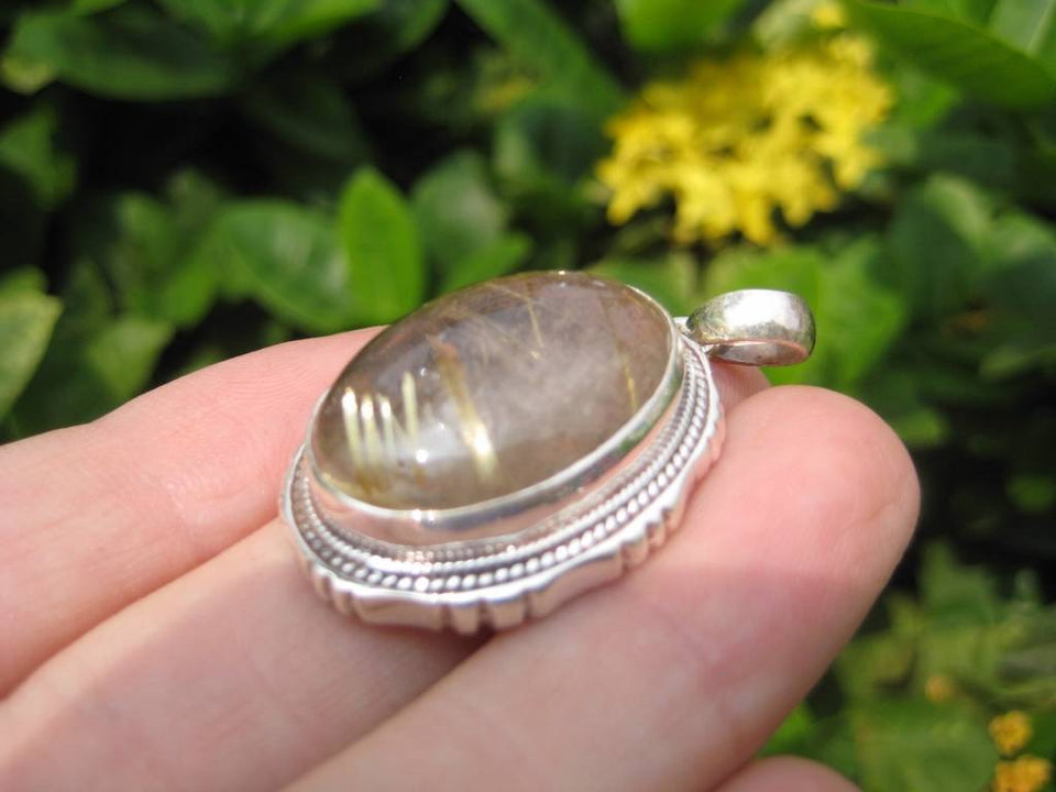 925 Silver Natural  Rutile Quartz Crystal Rock Stone Pendant Necklace Nepal A4