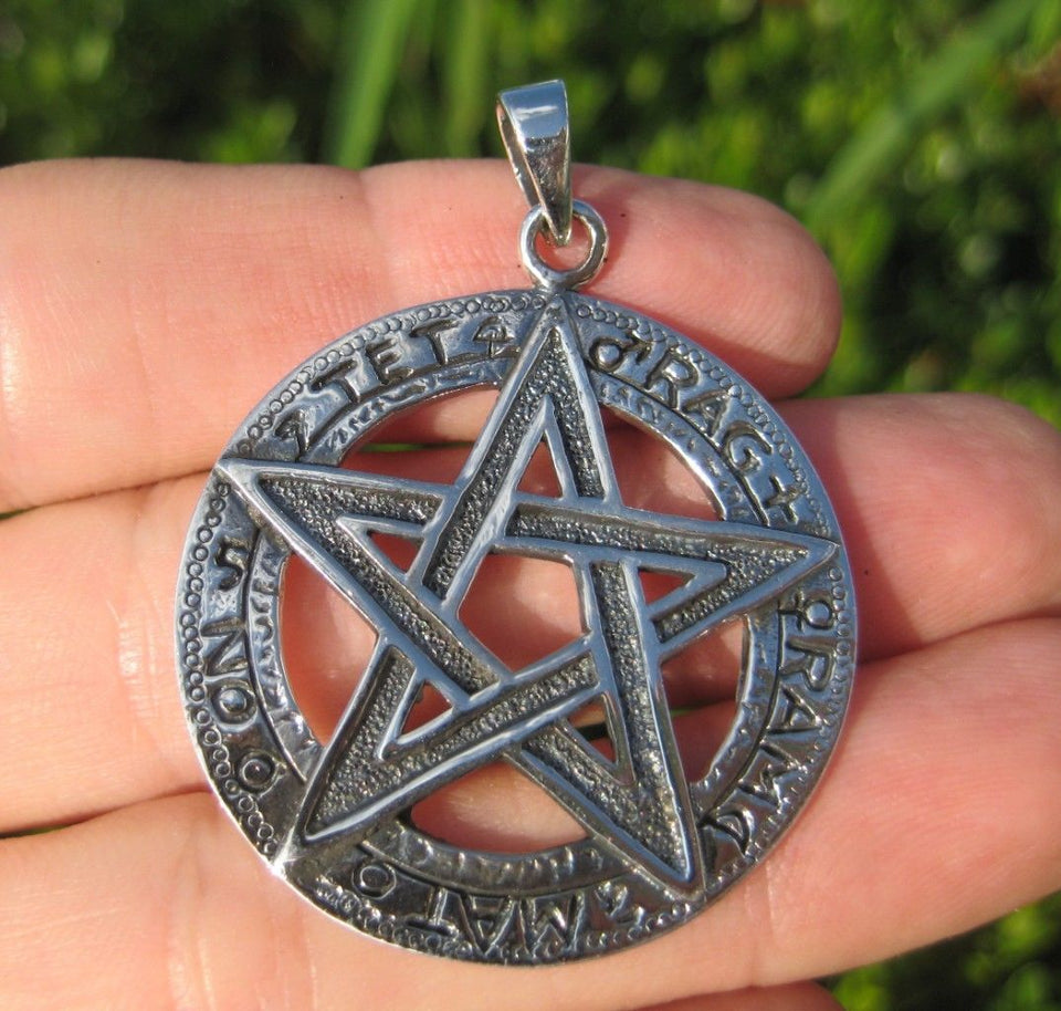 Extra Large 925 Sterling Silver Wicca Pentagram Pendant Necklace A18
