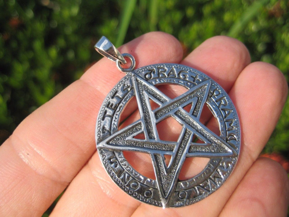 Extra Large 925 Sterling Silver Wicca Pentagram Pendant Necklace A18