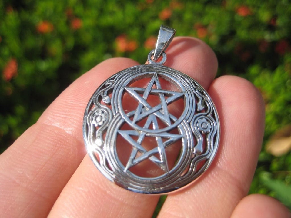 925 Sterling Silver Wicca Double Pentagram Pendant Necklace A42