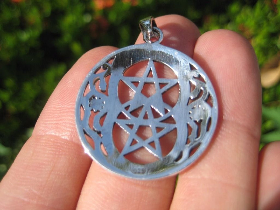 925 Sterling Silver Wicca Double Pentagram Pendant Necklace A42