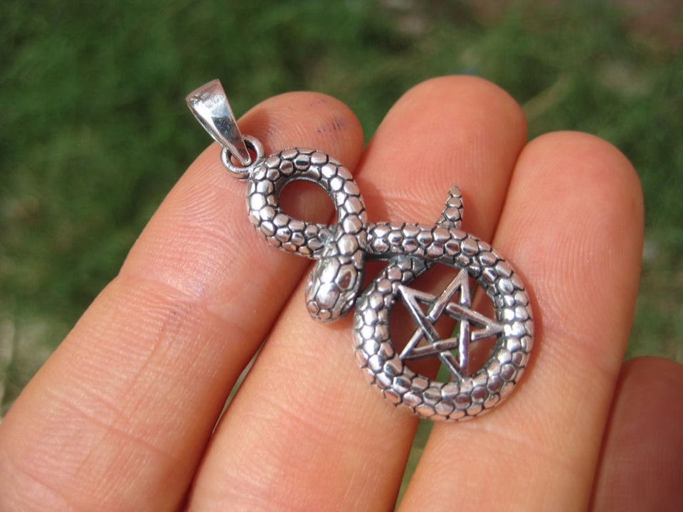 925 Sterling Silver Snake Pentagram Pendant Necklace Wicca Magic A45