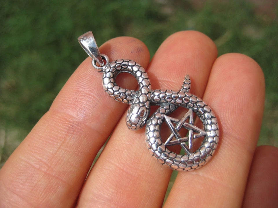 925 Sterling Silver Snake Pentagram Pendant Necklace Wicca Magic A45