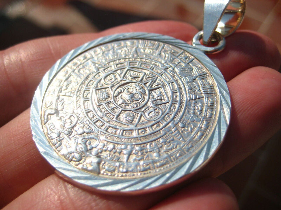 925 Silver Mayan Calendar Pendant Necklace Taxco Mexico A3486