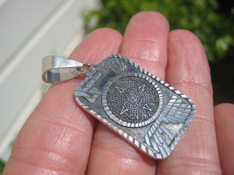 930 Silver Mayan Calendar Pendant Necklace Taxco Mexico A93878