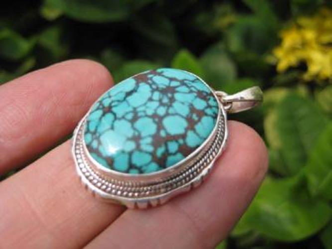 925 Silver Tibetan Turquoise stone crystal Pendant Necklace Nepal N7544