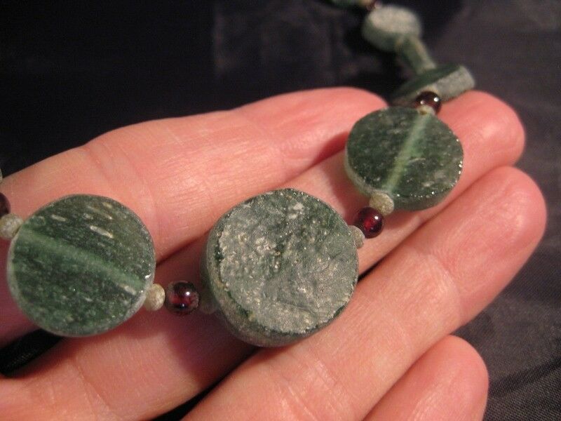 925 Silver Roman Glass Antique Green Bead Necklace N3866