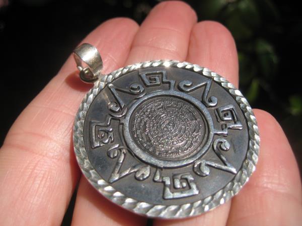950 Silver Mayan Calendar Pendant Necklace Taxco Mexico A3732