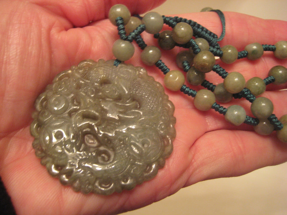 Natural Jadeite Jade Dragon Pendant Necklace Amulet Burmese Hand Made A20643