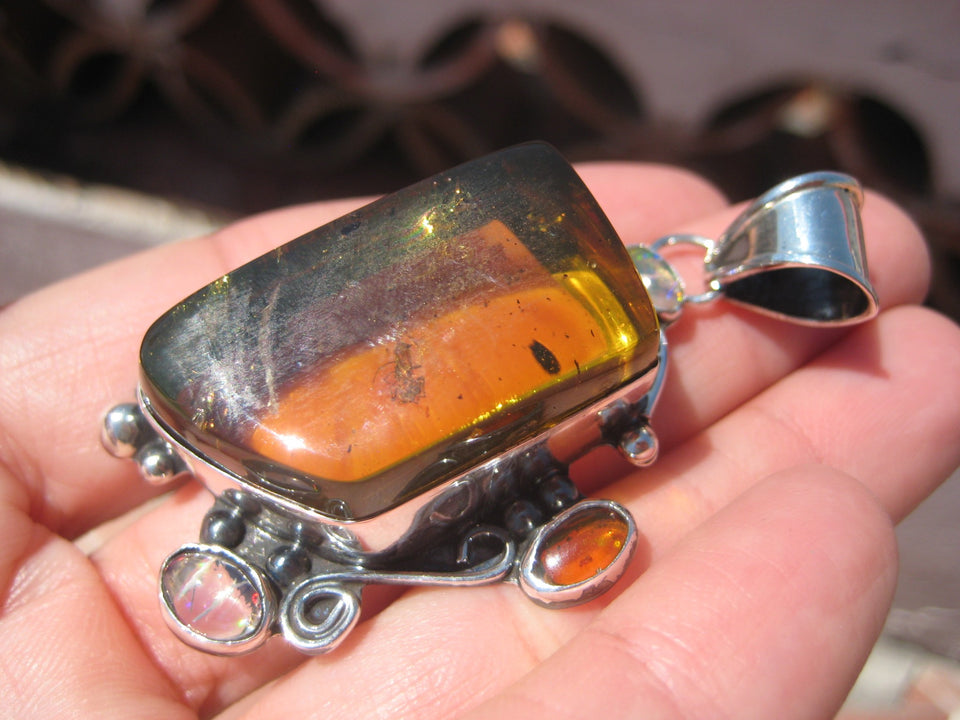 Natural Amber Opal Pendant Necklace Taxco Mexico Spyder Insect arachnid N4866