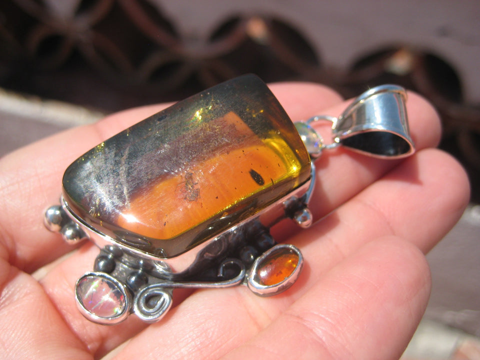 Natural Amber Opal Pendant Necklace Taxco Mexico Spyder Insect arachnid N4866