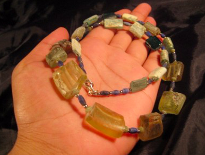 925 Silver Roman Glass Lapis Bead Necklace Afghanistan Jewelry Art 1500 yrs N255