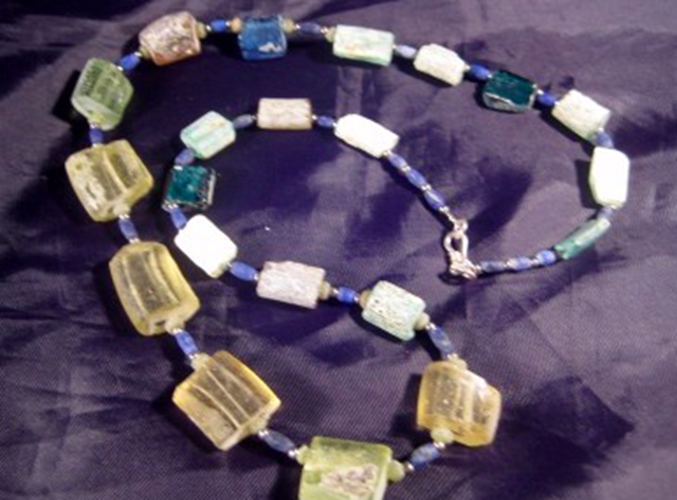 925 Silver Roman Glass Lapis Bead Necklace Afghanistan Jewelry Art 1500 yrs N255