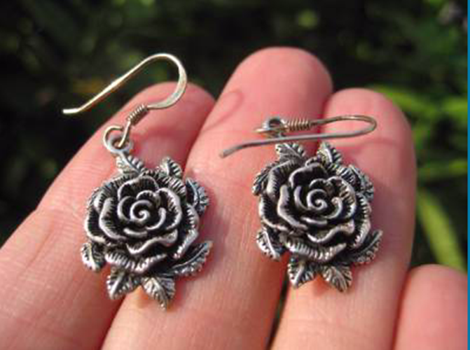 925 Silver Rose Flower Earrings Earring jewelry Cambodia art N334