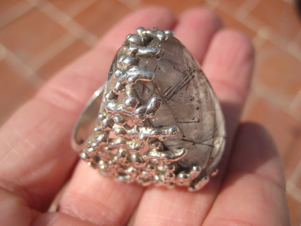 925 Silver Black Rutile Quartz  Ring Taxco Mexico Size 7.75 A8366