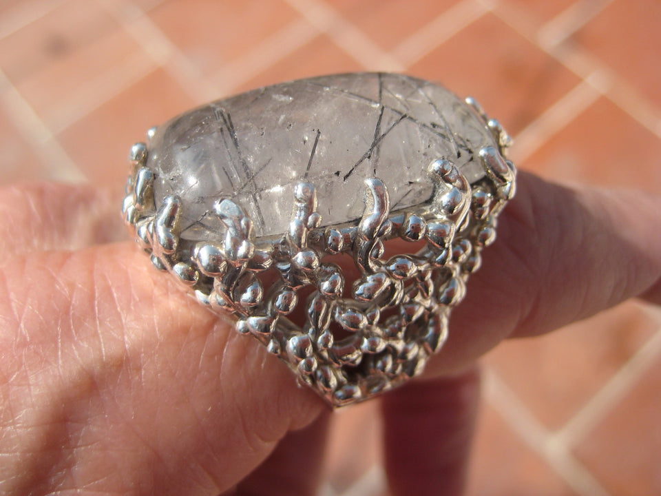 925 Silver Black Rutile Quartz  Ring Taxco Mexico Size 7.75 A8366