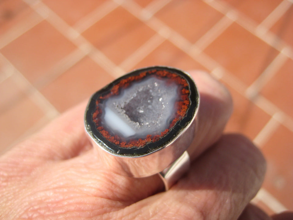 925  Silver Natural Agate Geode Druzy RingTaxco Mexico Size 6.5 Adjustable A3866