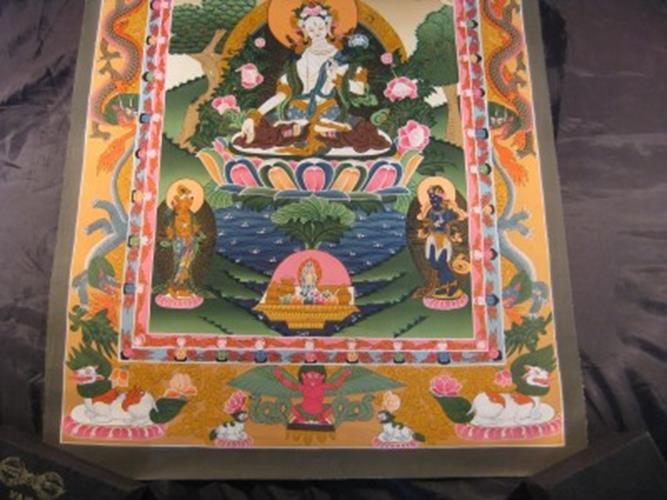 24 K Gold White Tara Dragon Thangka Thanka paintng Nepal Himalayan Art N3866
