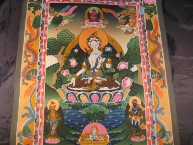 24 K Gold White Tara Dragon Thangka Thanka paintng Nepal Himalayan Art N3866