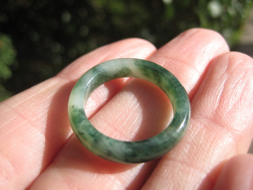 Natural Green White Jade Ring Myanmar Jewelry Art Size 7 US A428