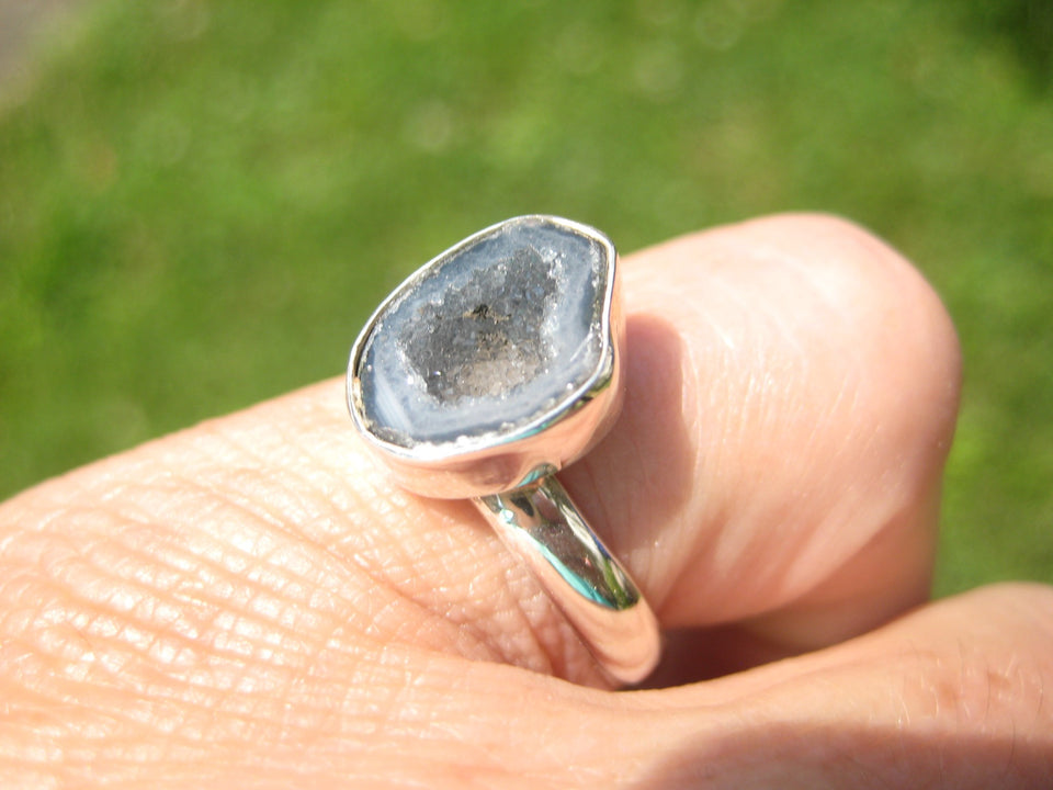925 Silver Agate Geode Drusy Ring Taxco Mexico Size 7.25 Adjustable A3855