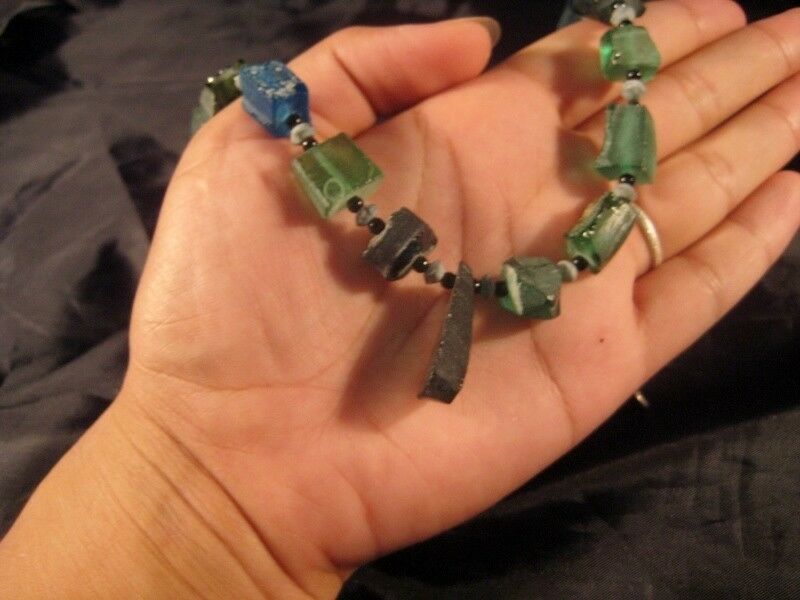 925 Silver Roman Glass Bead necklace blue green color 1500 yr old glass N3744